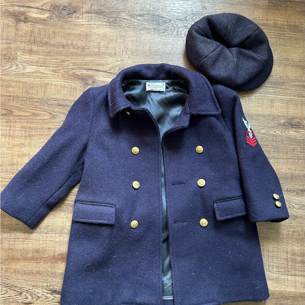 Navy blue wool dress coat with matching hat